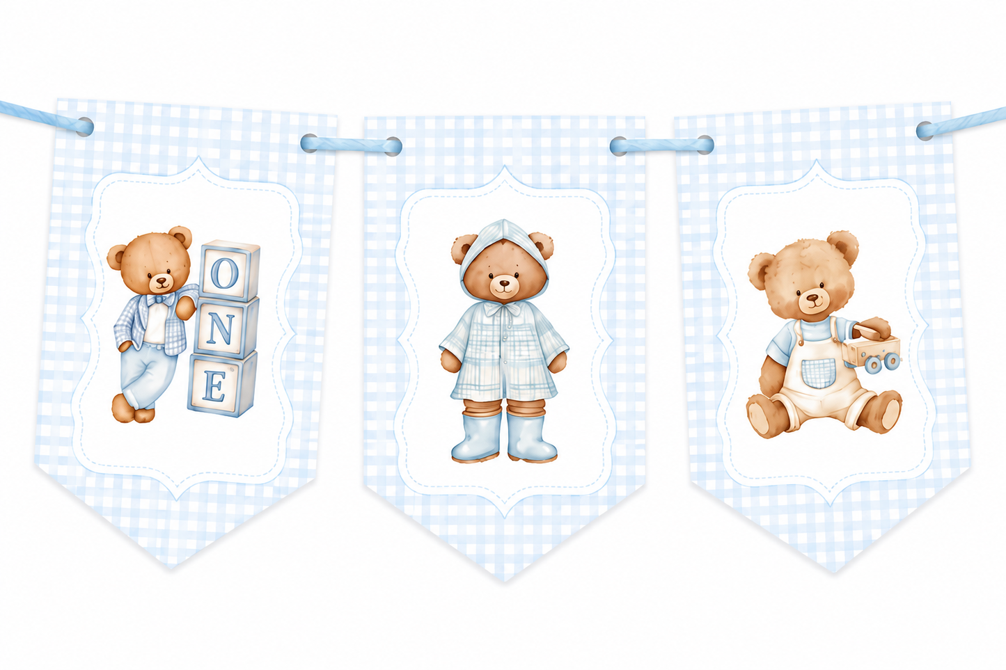 Personalised Teddy Bear Birthday Bunting | Blue Gingham 1st & 2nd Birthday Banner