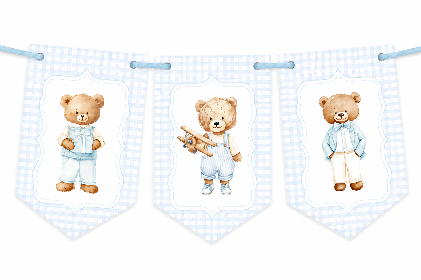 Personalised Teddy Bear Birthday Bunting | Blue Gingham 1st & 2nd Birthday Banner