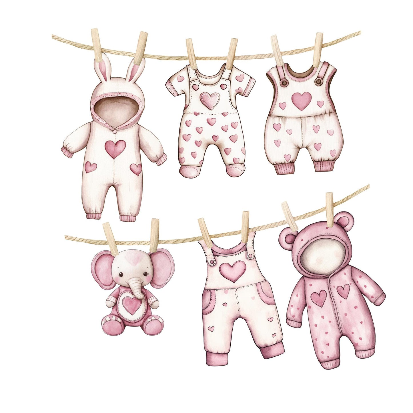 Pink Heart Baby Shower Bunting – Baby Clothes Garland with Wooden Pegs