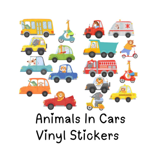 Animals in Cars Vinyl Wall Stickers – Cute Safari Vehicle Decals – Matt or Glossy Finish
