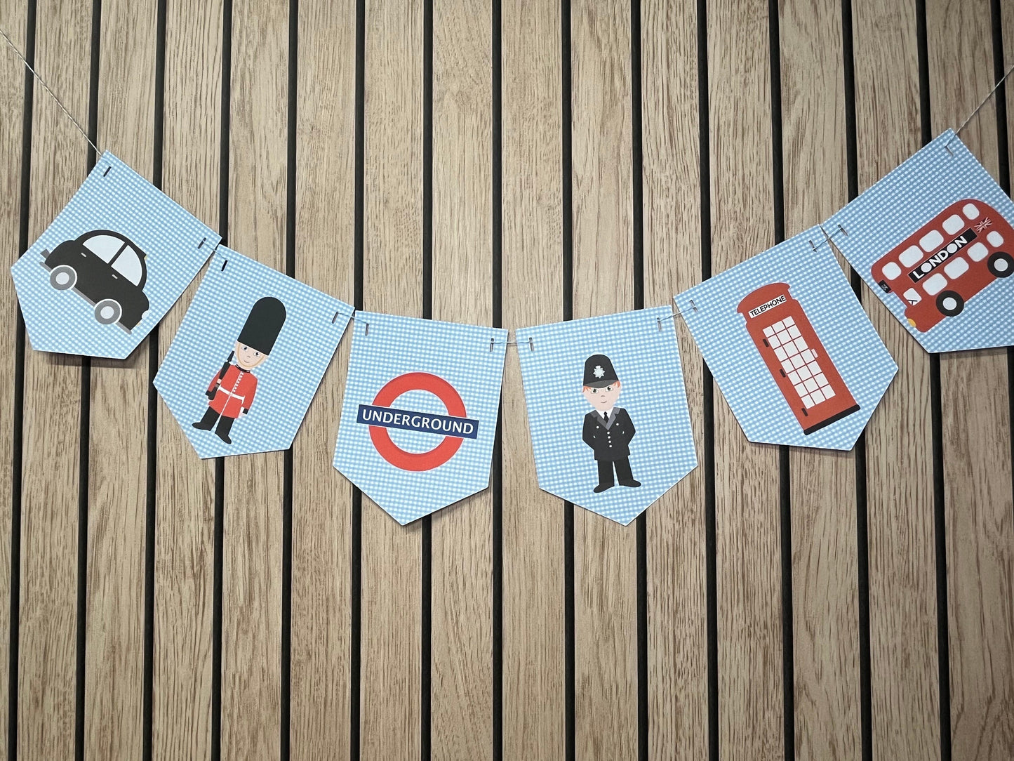 London Themed Bunting – British Nursery & Party Garland – Blue Gingham Design