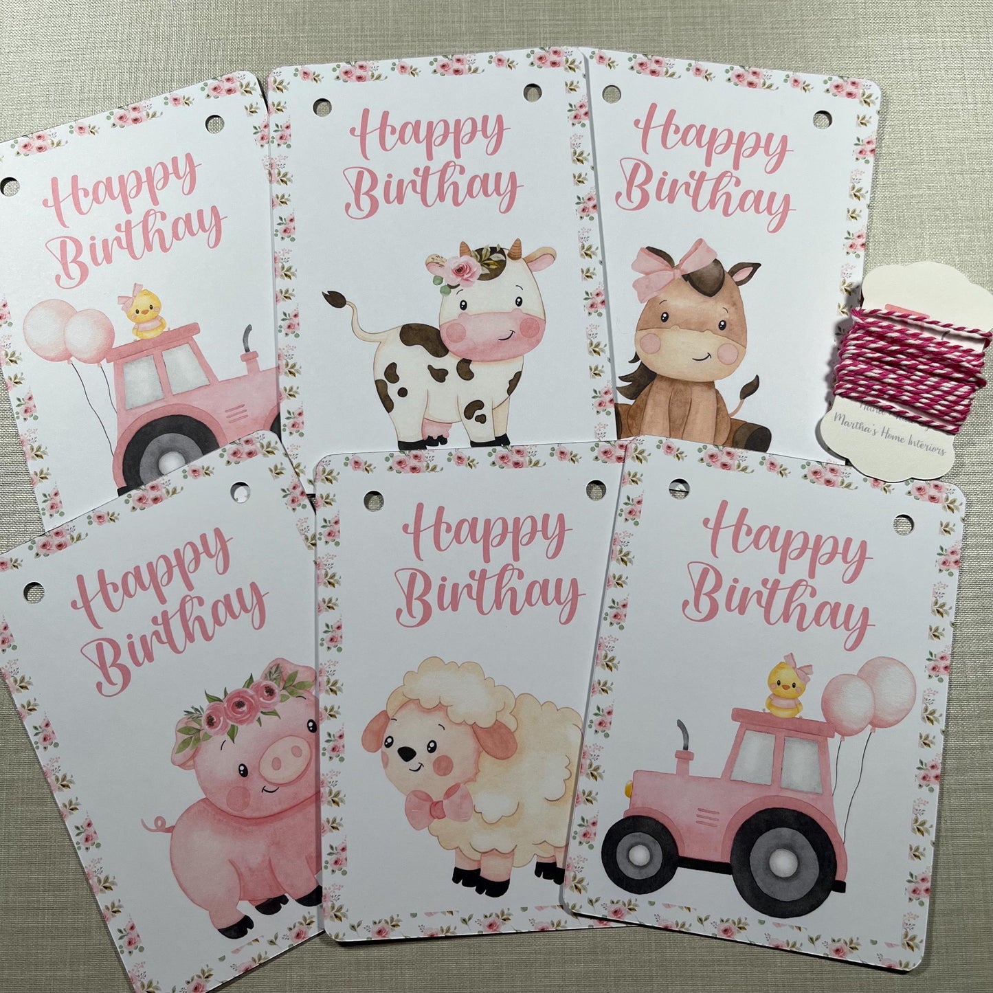 Farmyard Animal Happy Birthday Bunting – Pink Gingham or Floral Theme