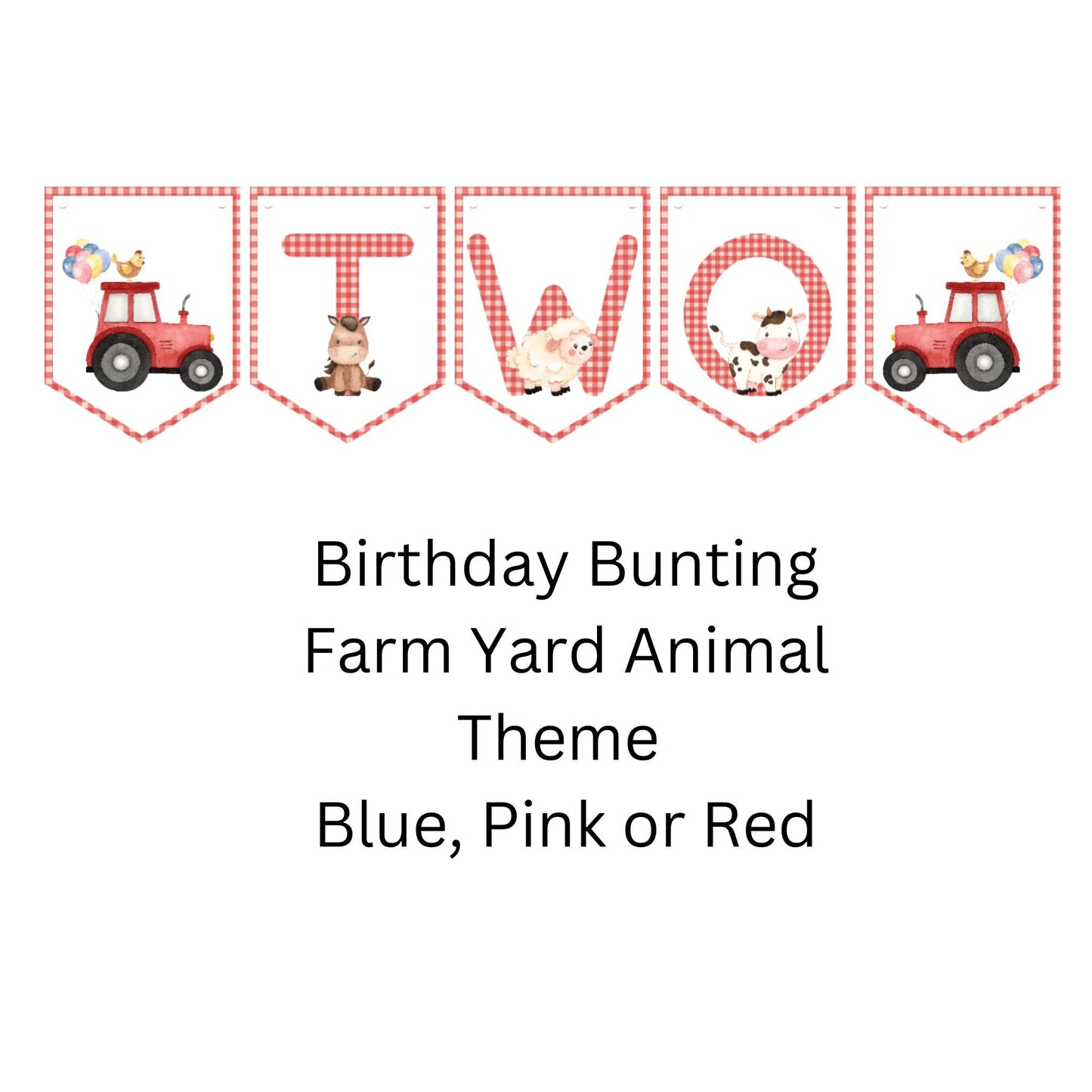 Farm Yard Animal Birthday Bunting – Blue, Pink, or Red Gingham | Ages 1–3