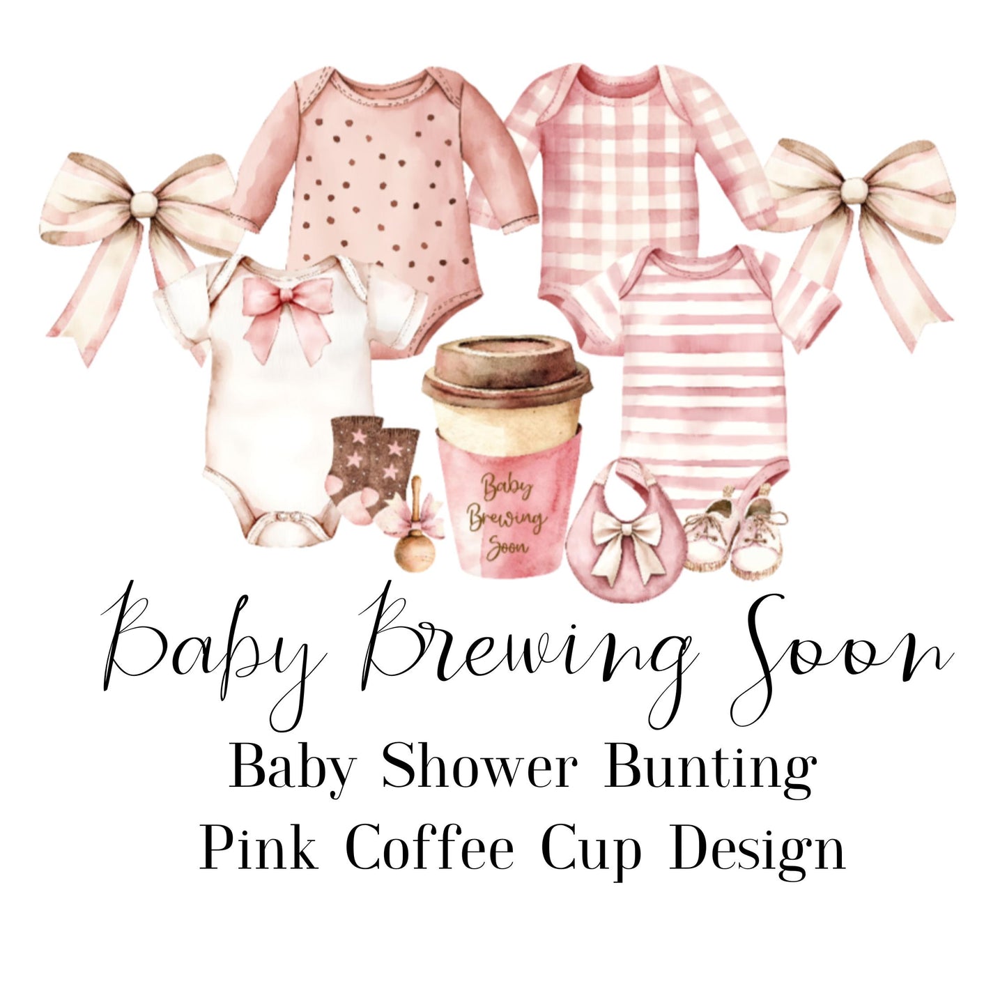 Baby Brewing Soon Clothesline Bunting – Handmade Baby Shower Garland with Mini Pegs, Heart or Coffee Cup Design