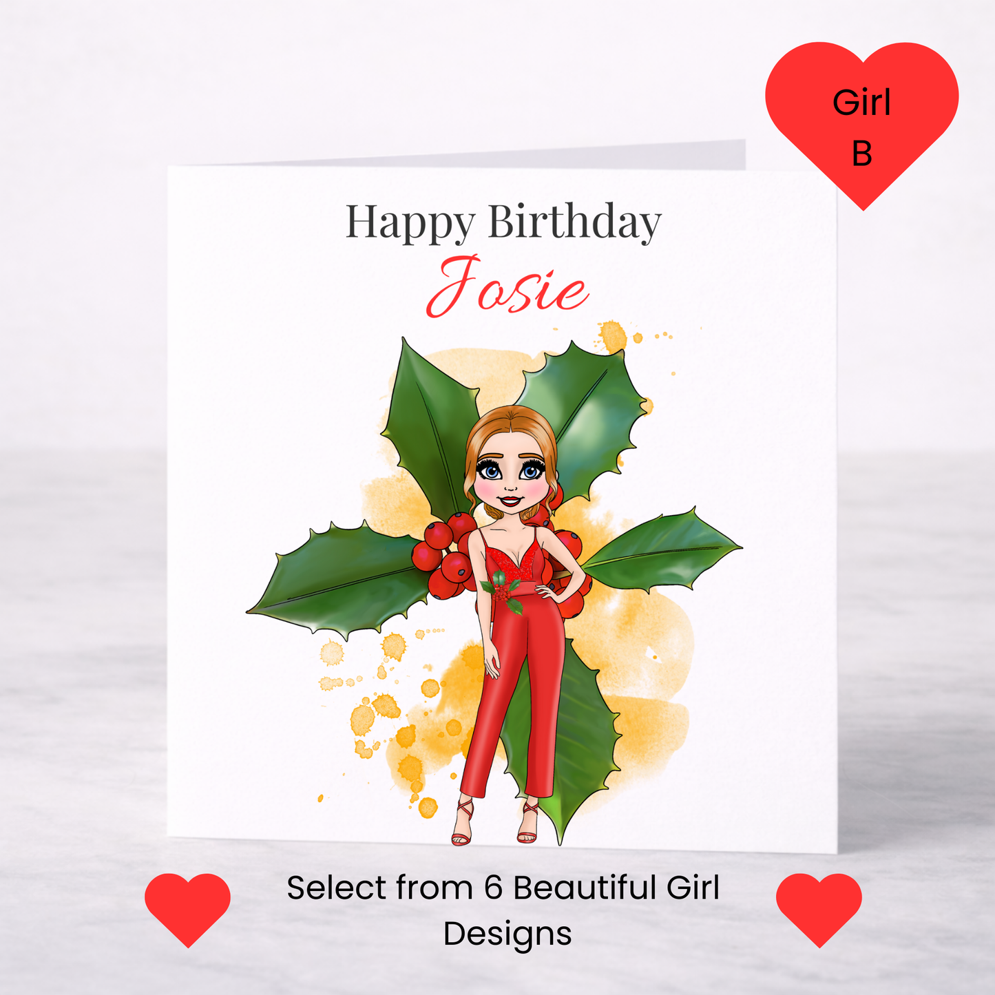 Personalised December Birth Flower Birthday Card – Holly Design, Custom Name, Choice of Girl