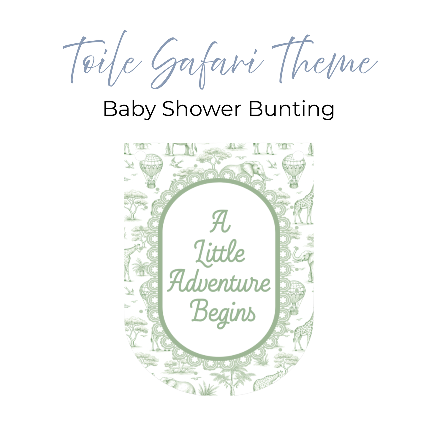 Safari Toile Baby Shower Bunting, A Little Adventure Begins Banner, Safari Animal Garland, Blue Pink Sage Baby Shower Decorations
