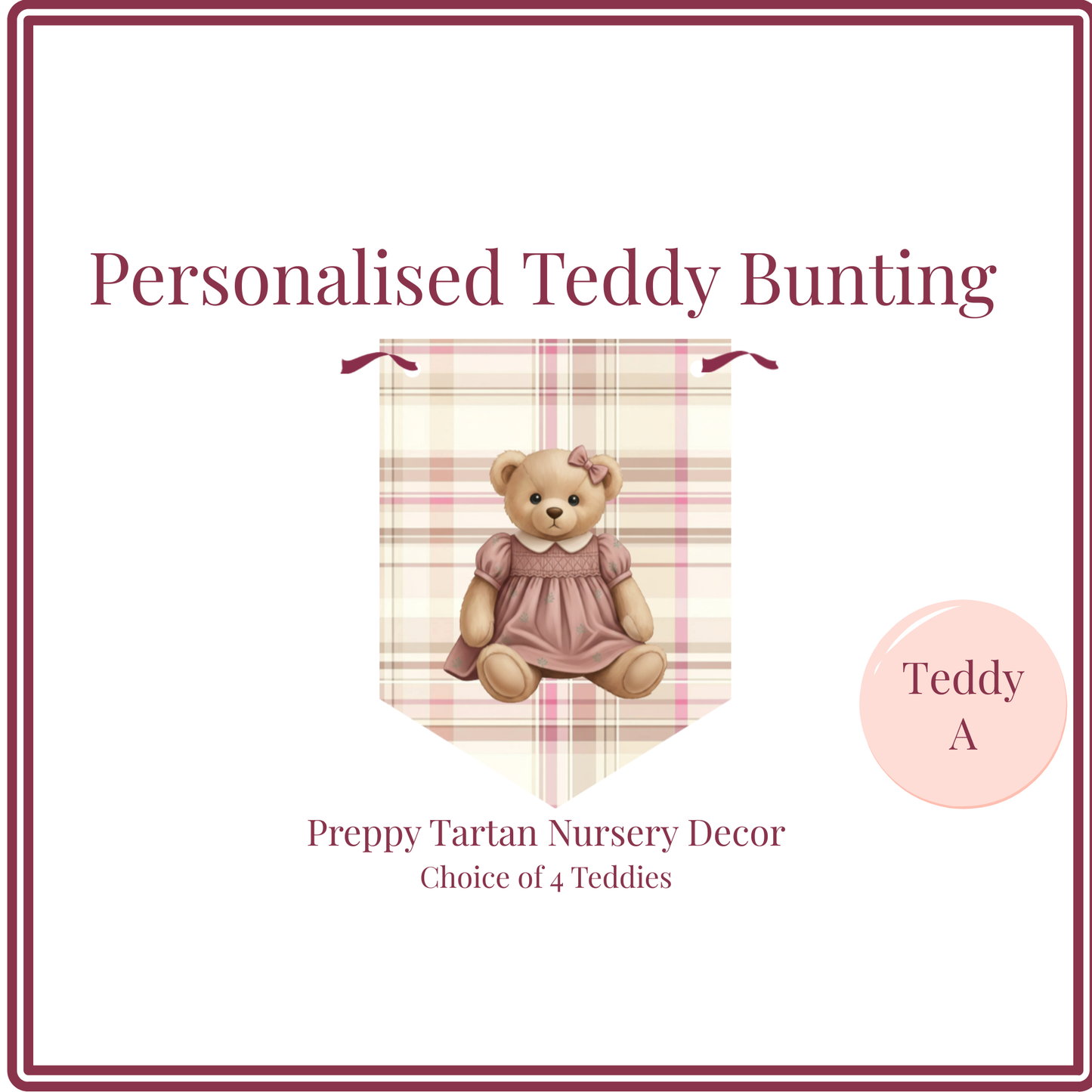 Personalised Preppy Teddy Bear Name Bunting – Blush Tartan Girl Nursery Decoration