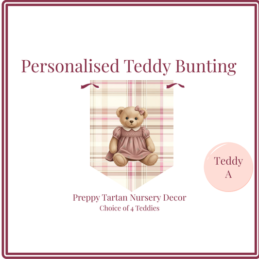 Personalised Preppy Teddy Bear Name Bunting – Blush Tartan Girl Nursery Decoration