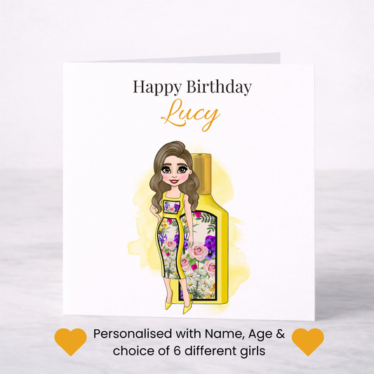 Personalised Floral Perfume Birthday Card – Custom Name Card for Her