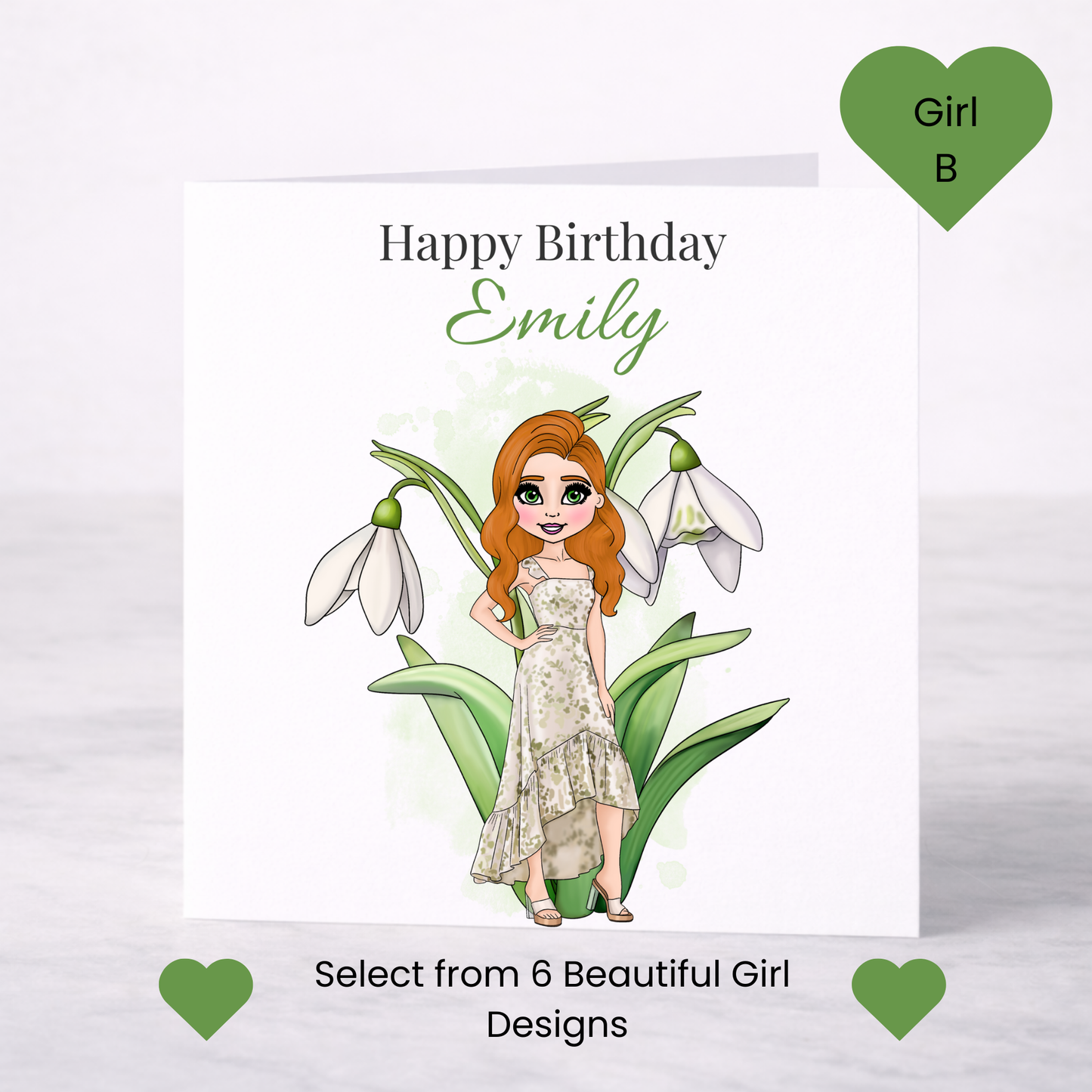 Personalised January Birth Flower Birthday Card – Snowdrop or Carnation, Custom Name, Choice of Girl