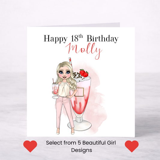 Personalised Strawberry Vodka Cocktail Greeting Card – Choice of Girl, Custom Name Card for Her