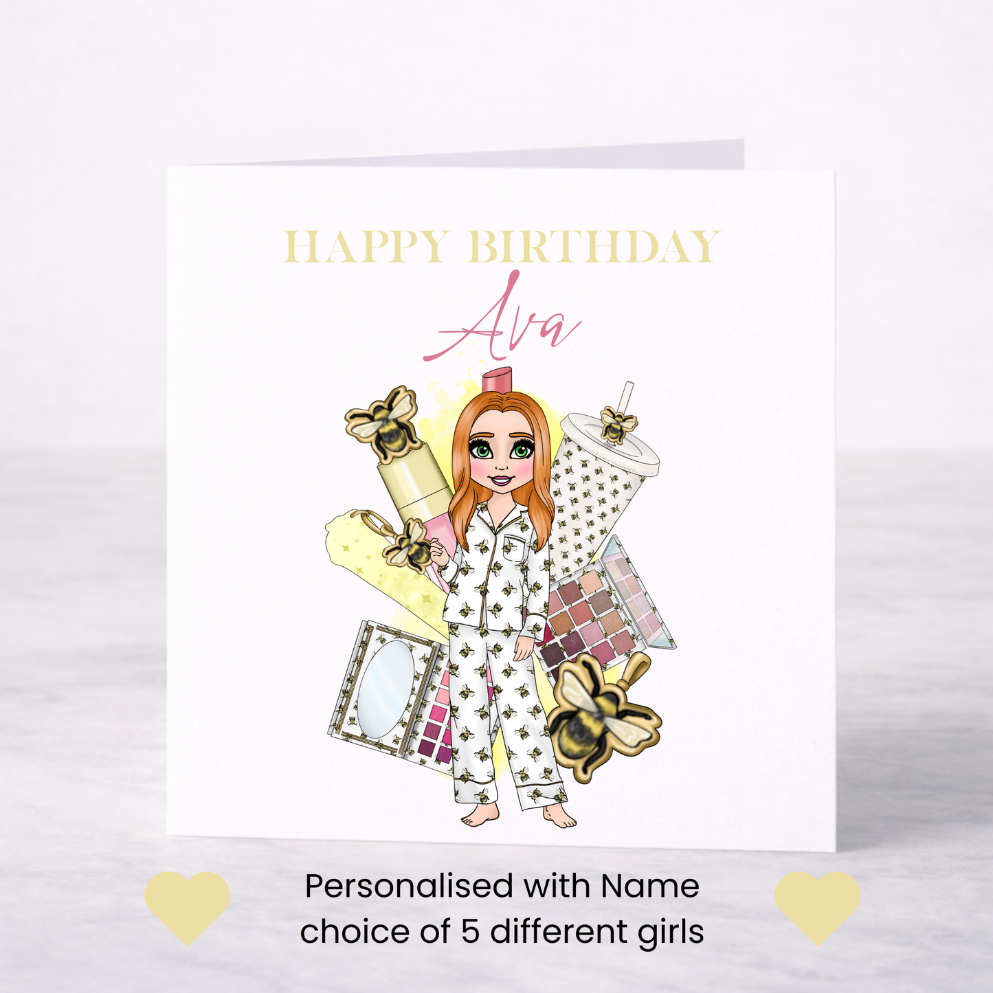 Personalised Makeup Birthday Card – Teen Girl Bee Pyjama Design