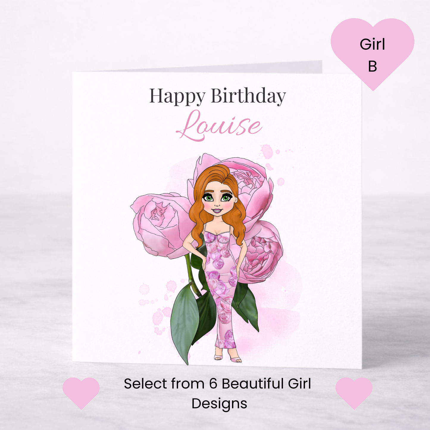 Personalised Peony Floral Birthday Card – Custom Name, Choice of Girl, Elegant Birthday Card for Her