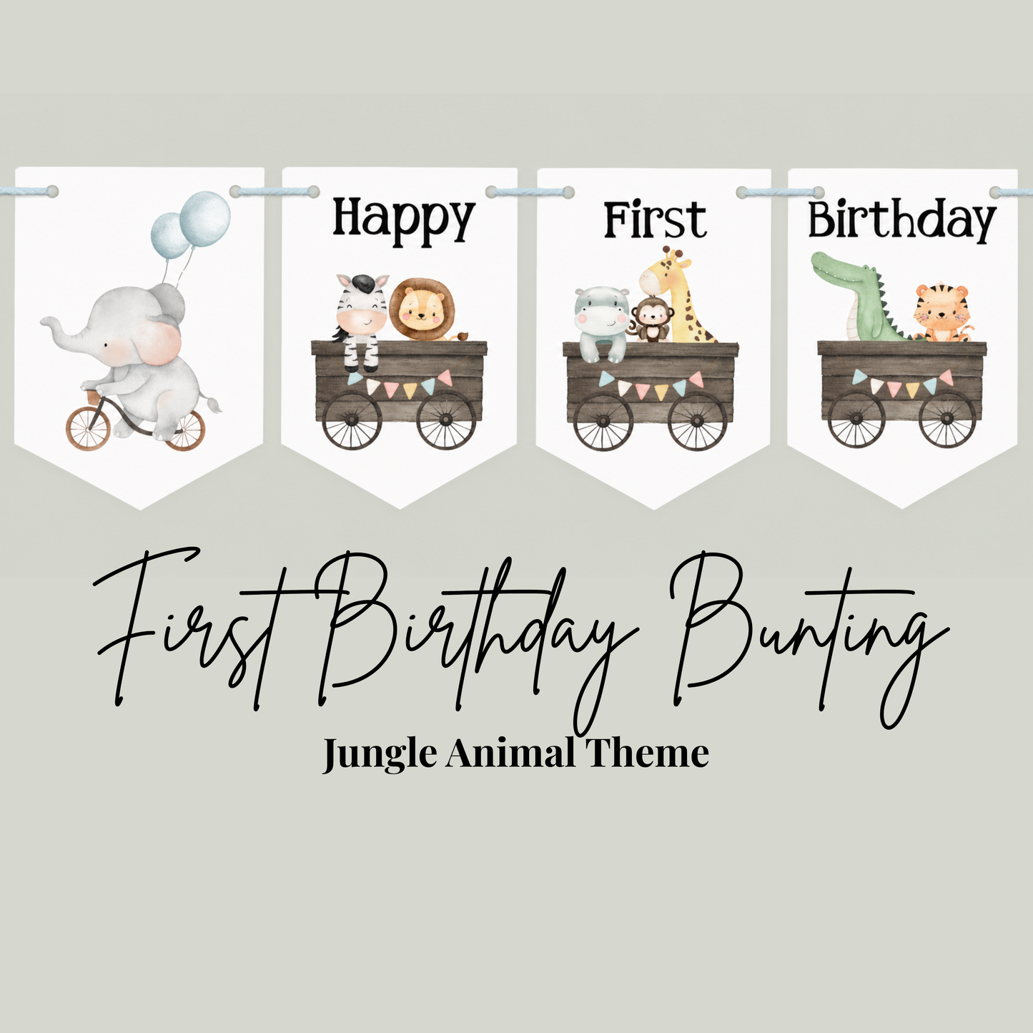 Jungle Animal First Birthday Bunting – Safari Elephant Birthday Banner