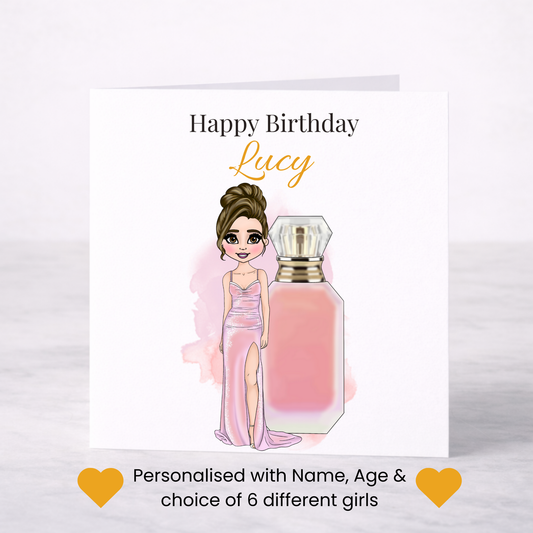 Personalised Candy Pink Perfume Birthday Card – Custom Name Fashion Card for Her