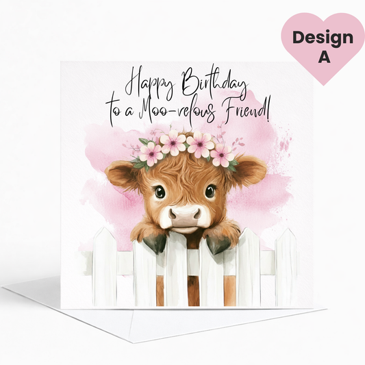 Highland Cow Birthday Card, Cute Floral Birthday Card for Her