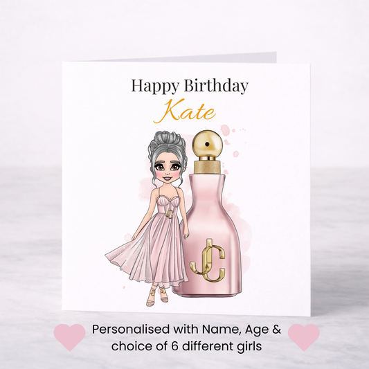 Personalised Glam Perfume Birthday Card – Choice of Girl