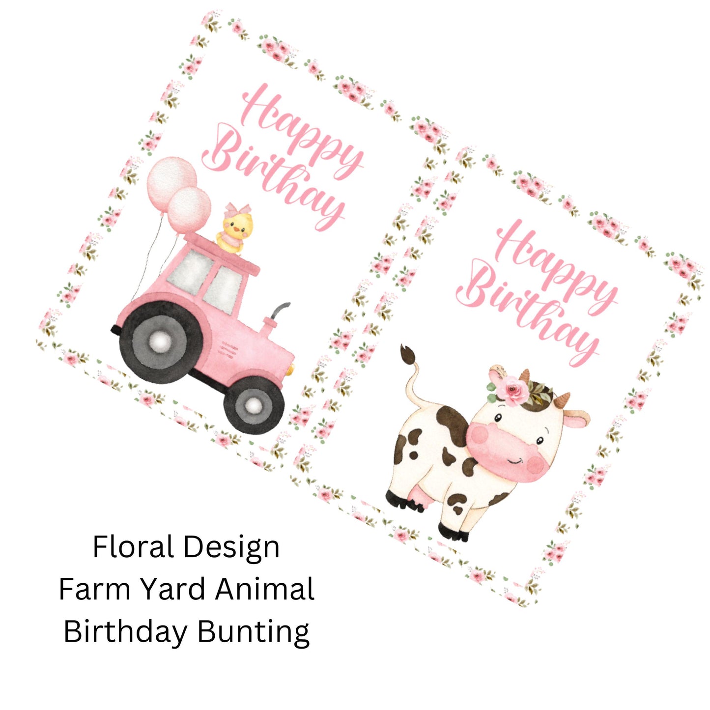 Farmyard Animal Happy Birthday Bunting – Pink Gingham or Floral Theme