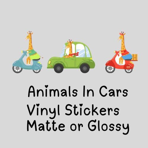 Animals in Cars Vinyl Wall Stickers – Cute Safari Vehicle Decals – Matt or Glossy Finish