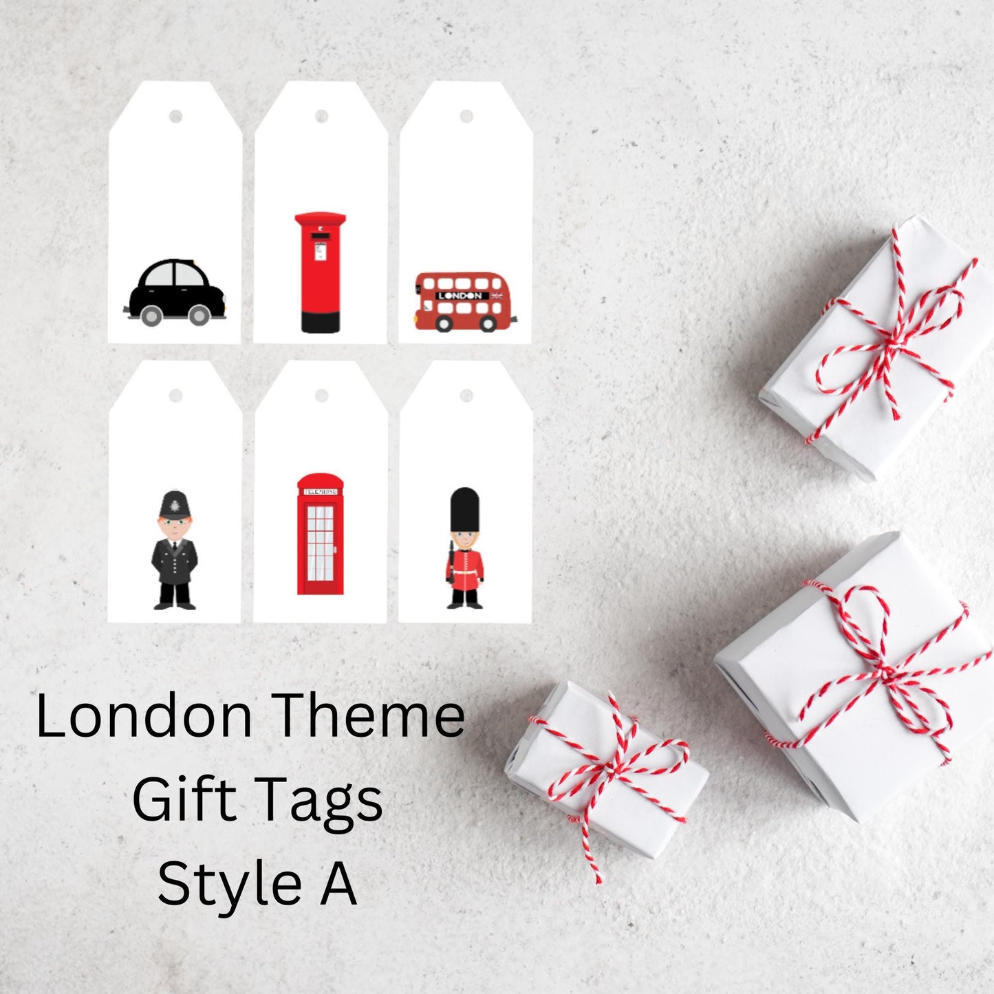 London Gift Tags Set of 7 – Handmade Tags with Soldier, Bus, Taxi, Post Box & Telephone Designs ,