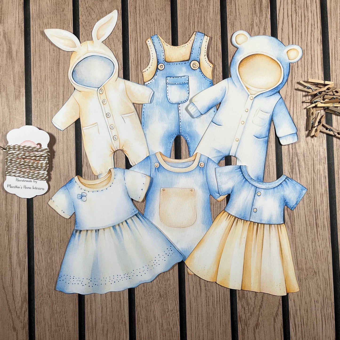 Baby Shower Bunting Washing Clothes Line Style - Beige and Blue