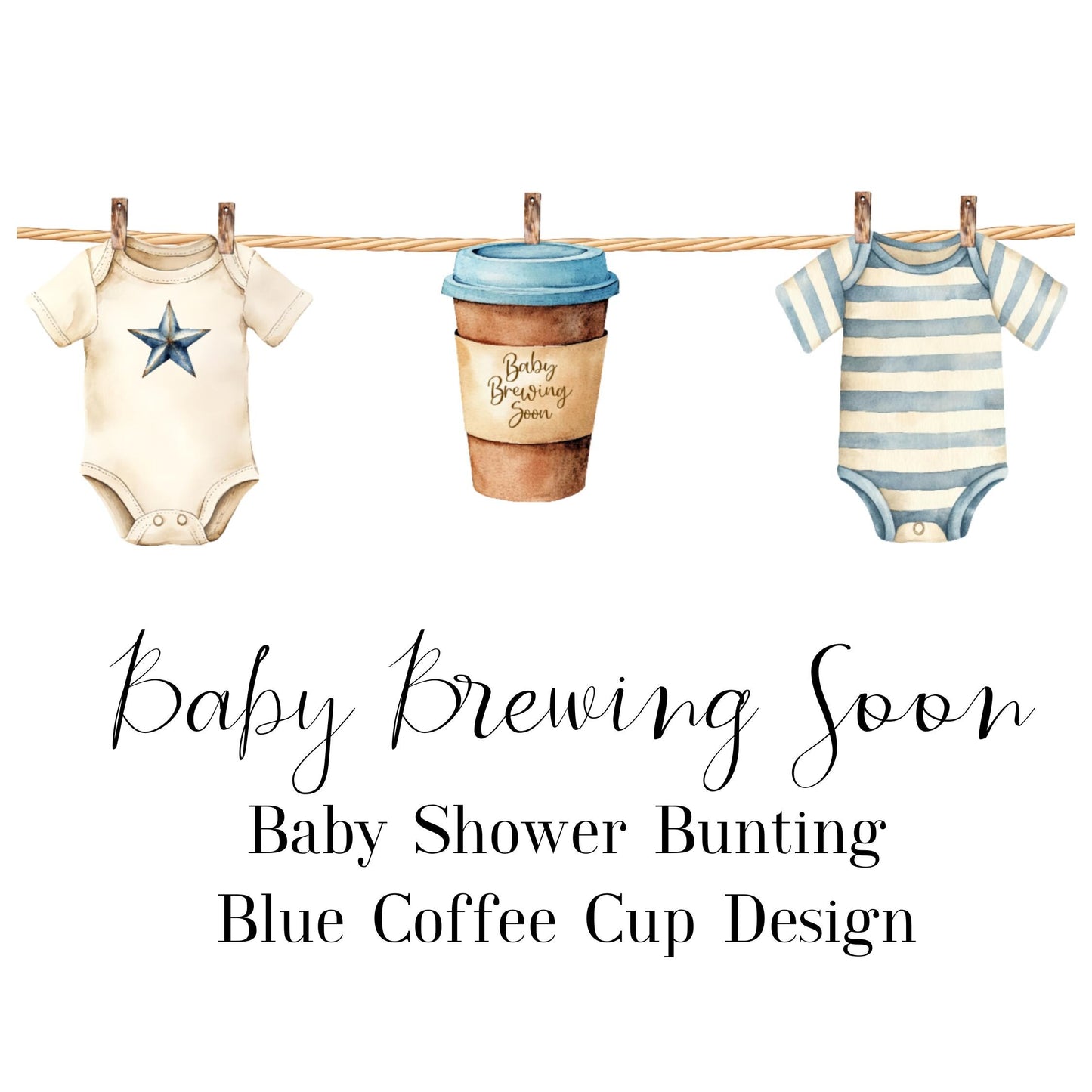 Baby Brewing Soon Clothesline Bunting – Handmade Baby Shower Garland with Mini Pegs, Heart or Coffee Cup Design