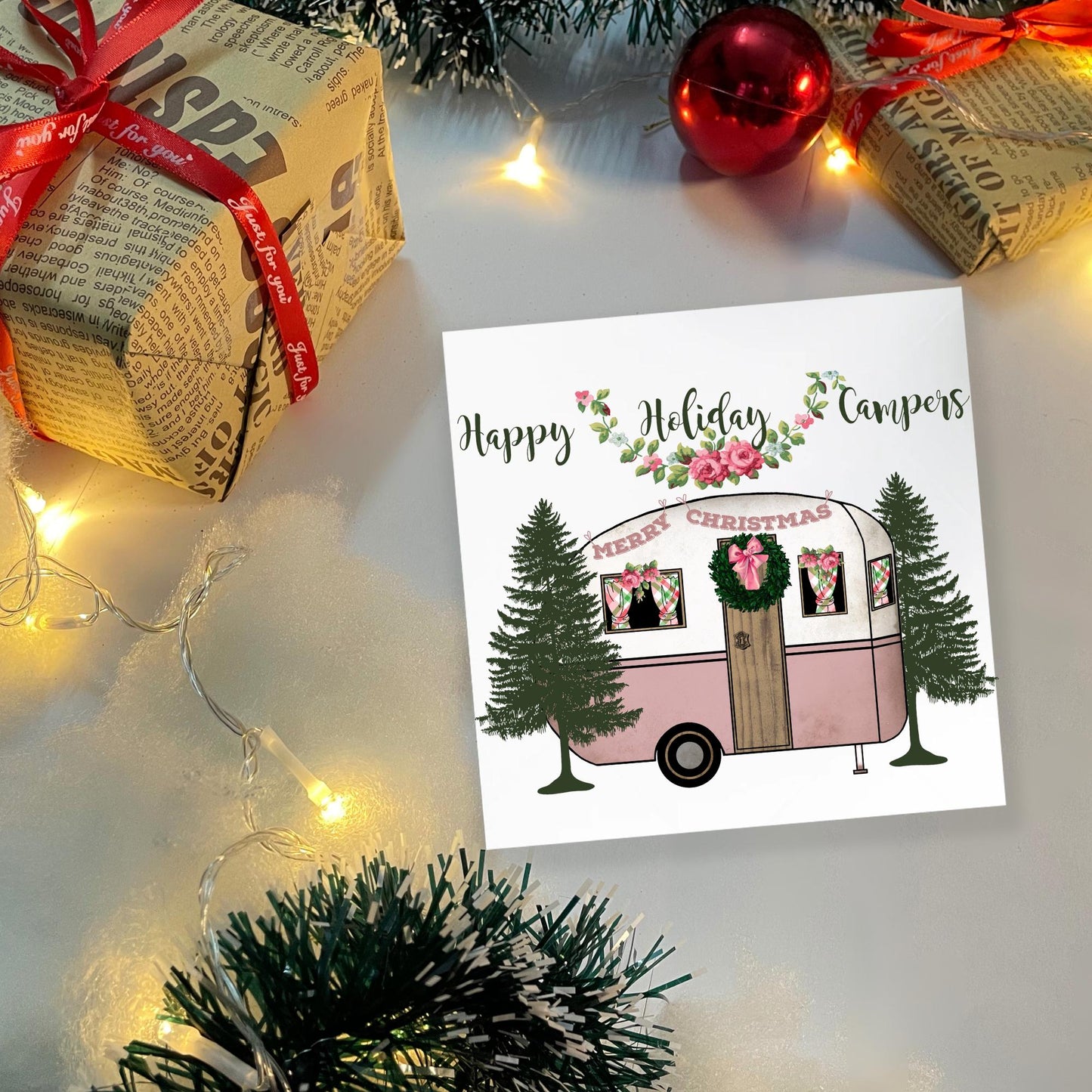 Vintage Caravan Christmas Card: Happy Holidays Camper Theme