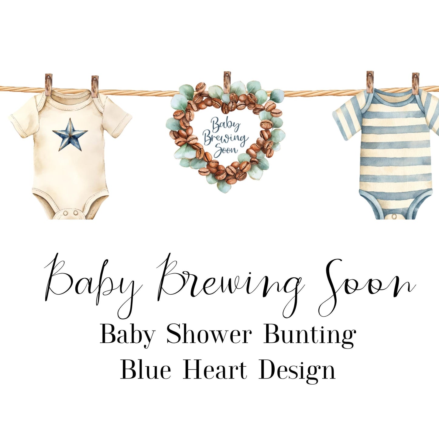 Baby Brewing Soon Clothesline Bunting – Handmade Baby Shower Garland with Mini Pegs, Heart or Coffee Cup Design