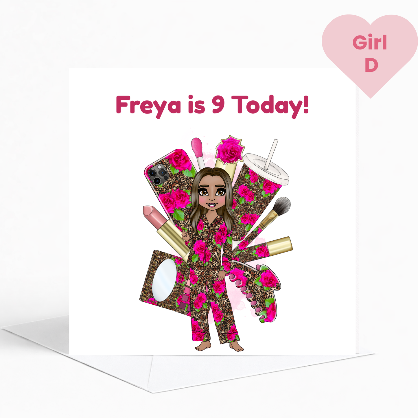 Personalised Makeup & Leopard Print Pyjama Birthday Card for Girls
