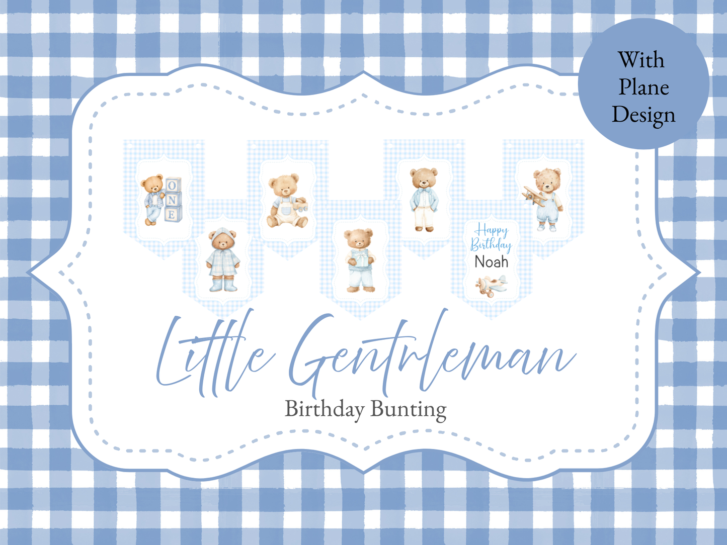 Personalised Teddy Bear Birthday Bunting | Blue Gingham 1st & 2nd Birthday Banner