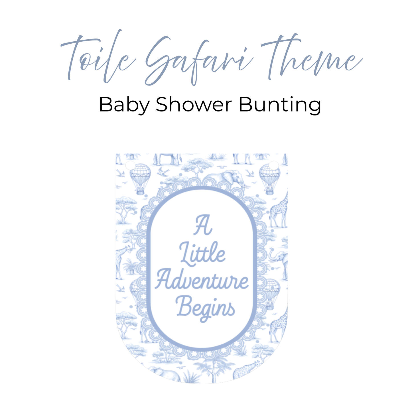 Safari Toile Baby Shower Bunting, A Little Adventure Begins Banner, Safari Animal Garland, Blue Pink Sage Baby Shower Decorations