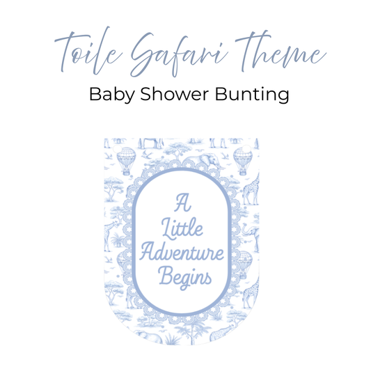 Safari Toile Baby Shower Bunting, A Little Adventure Begins Banner, Safari Animal Garland, Blue Pink Sage Baby Shower Decorations