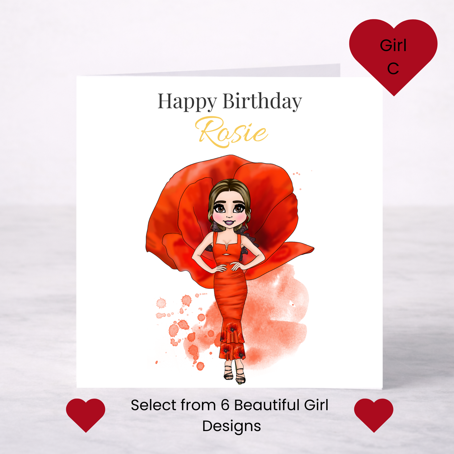 Personalised August Birth Flower Birthday Card – Poppy Design, Custom Name, Choice of Girl