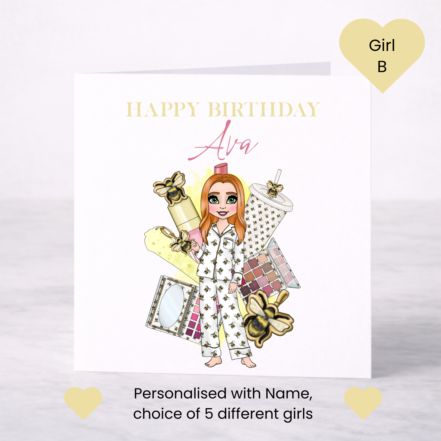 Personalised Makeup Birthday Card – Teen Girl Bee Pyjama Design
