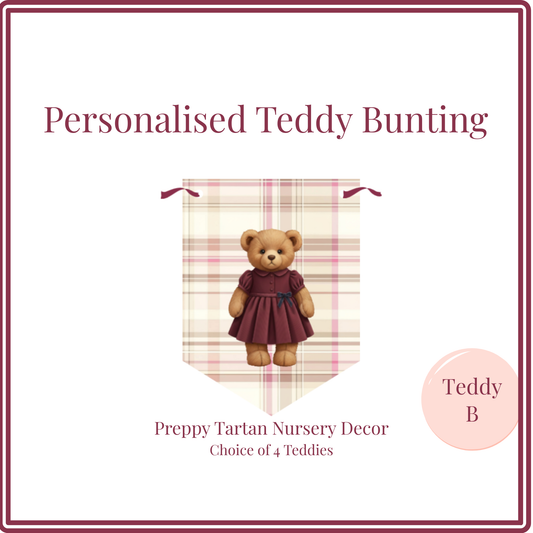 Personalised Preppy Teddy Bear Name Bunting – Blush Tartan Girl Nursery Decoration