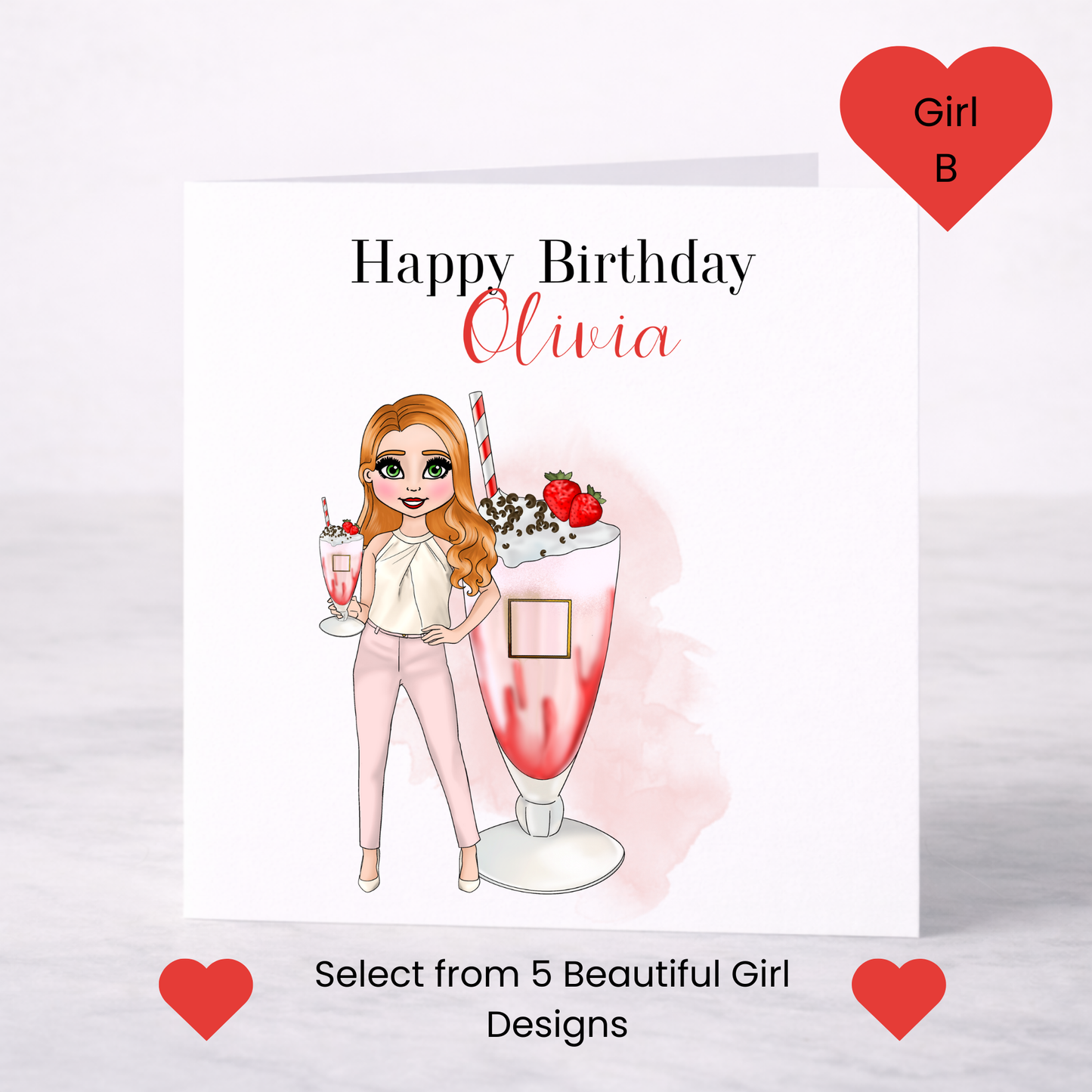 Personalised Strawberry Vodka Cocktail Greeting Card – Choice of Girl, Custom Name Card for Her