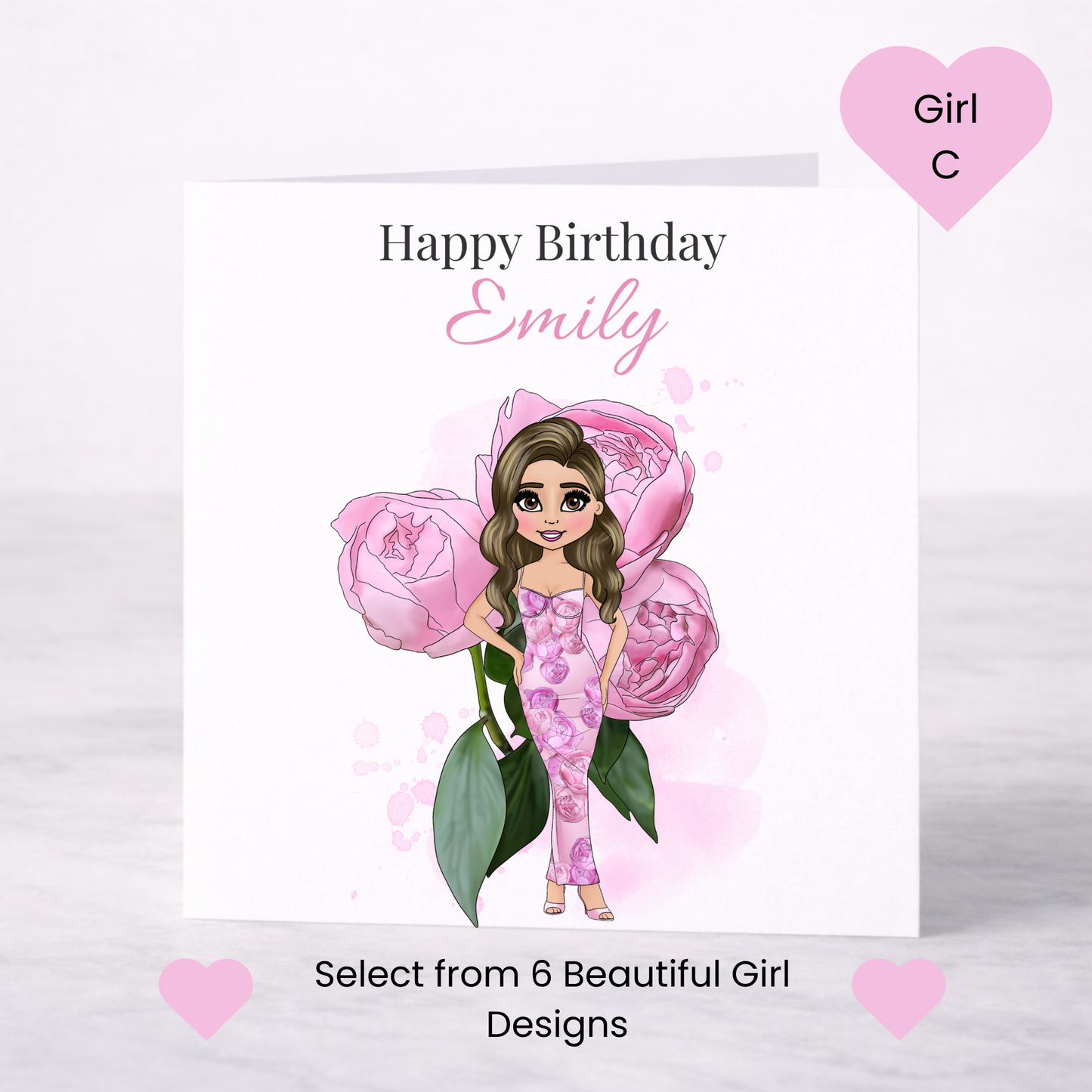 Personalised Peony Floral Birthday Card – Custom Name, Choice of Girl, Elegant Birthday Card for Her