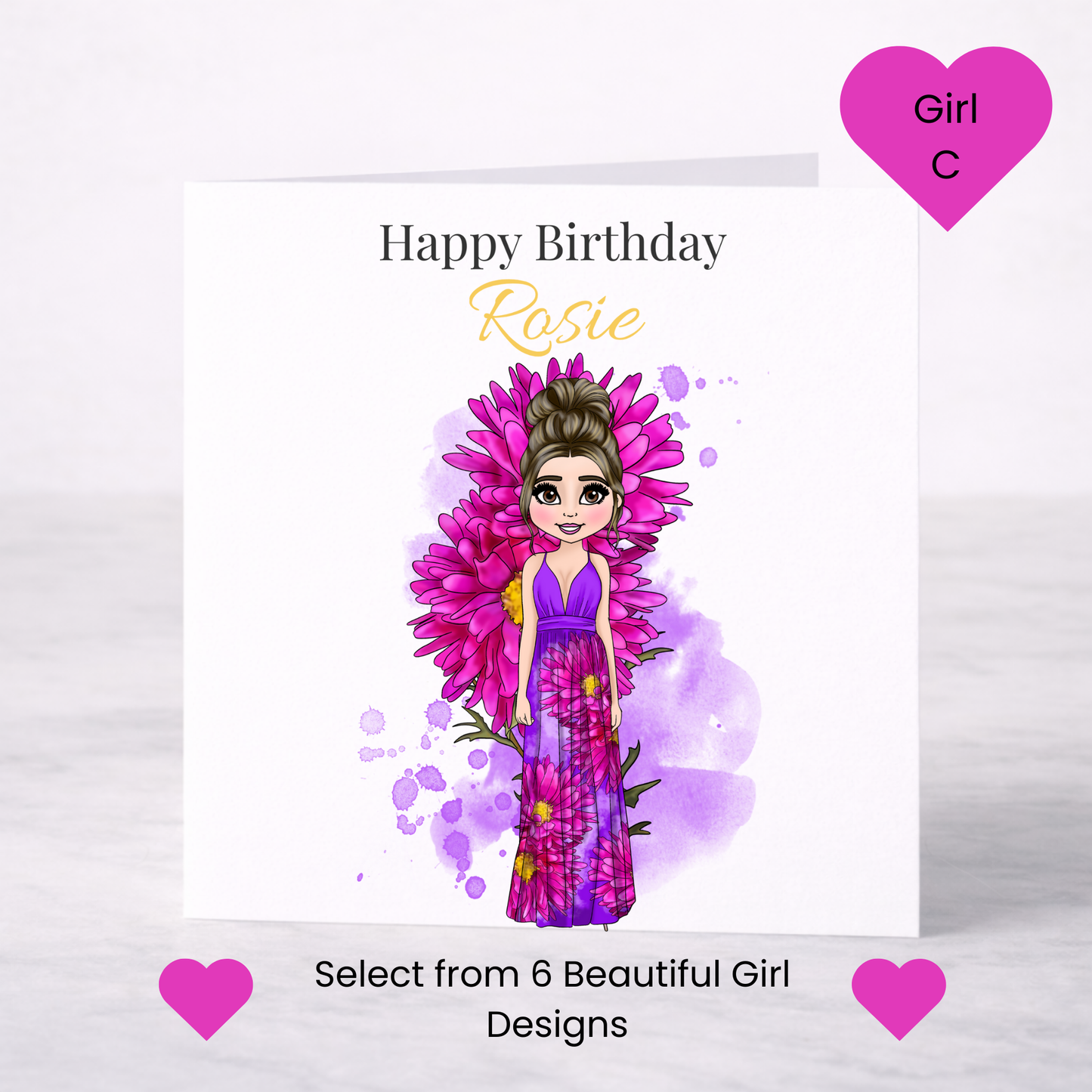 Personalised September Birth Flower Birthday Card – Aster Design, Custom Name, Choice of Girl