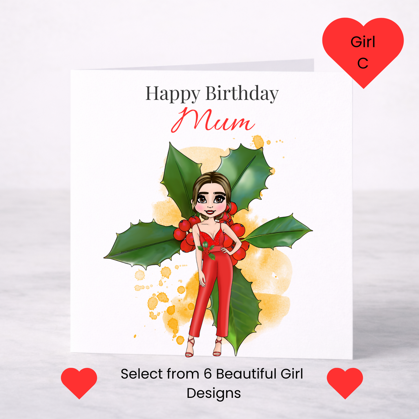 Personalised December Birth Flower Birthday Card – Holly Design, Custom Name, Choice of Girl