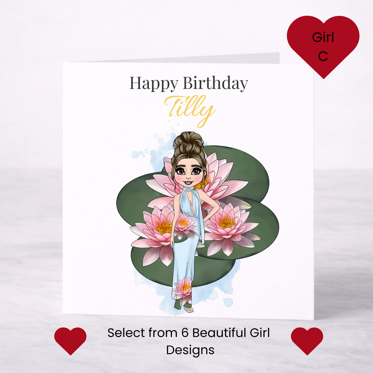 Personalised July Birth Flower Birthday Card – Water Lily Design, Custom Name, Choice of Girl