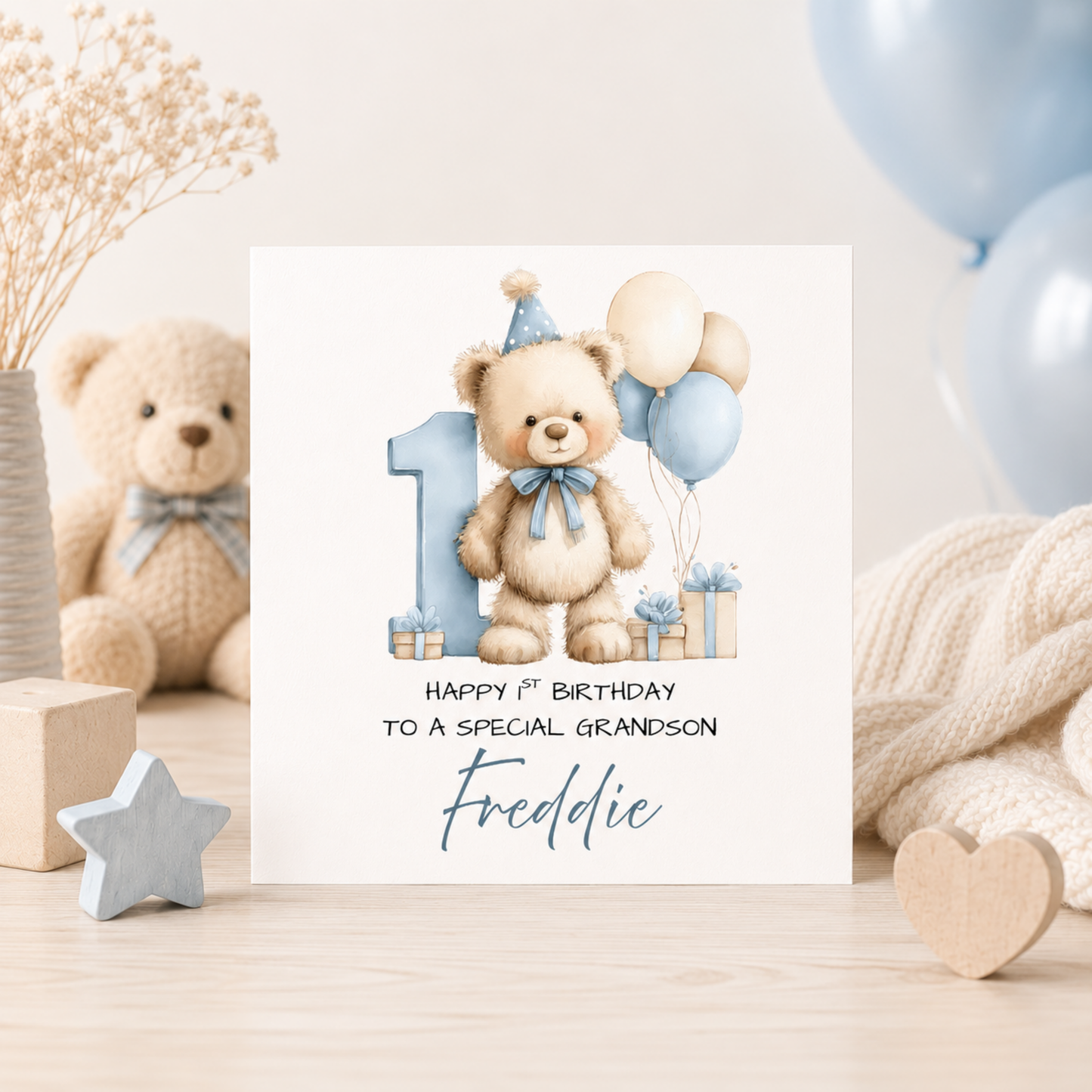 Personalised Teddy Bear 1st Birthday Card | Blue First Birthday Card For Boys