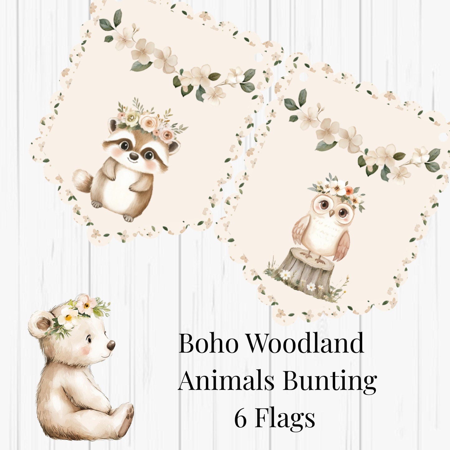 Boho Woodland Animal Bunting – Floral Scalloped Party Garland