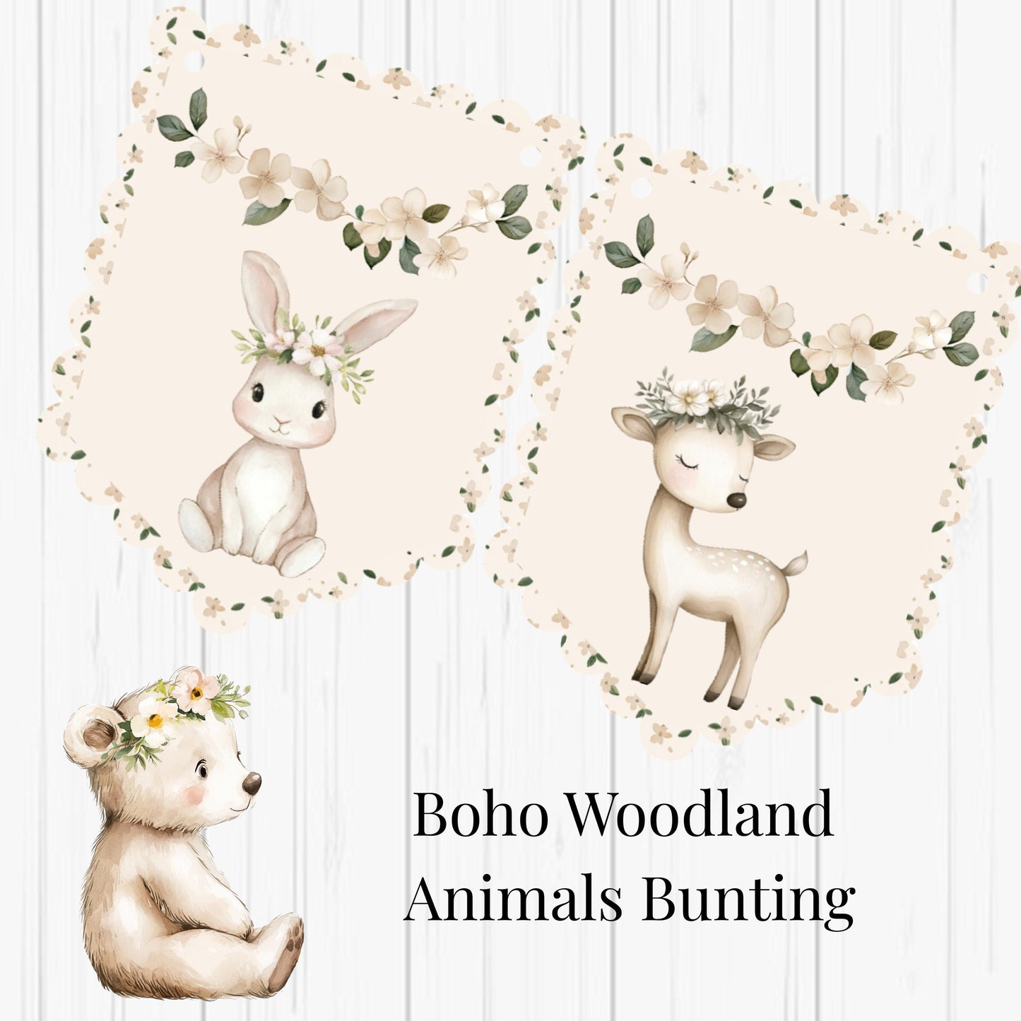 Boho Woodland Animal Bunting – Floral Scalloped Party Garland