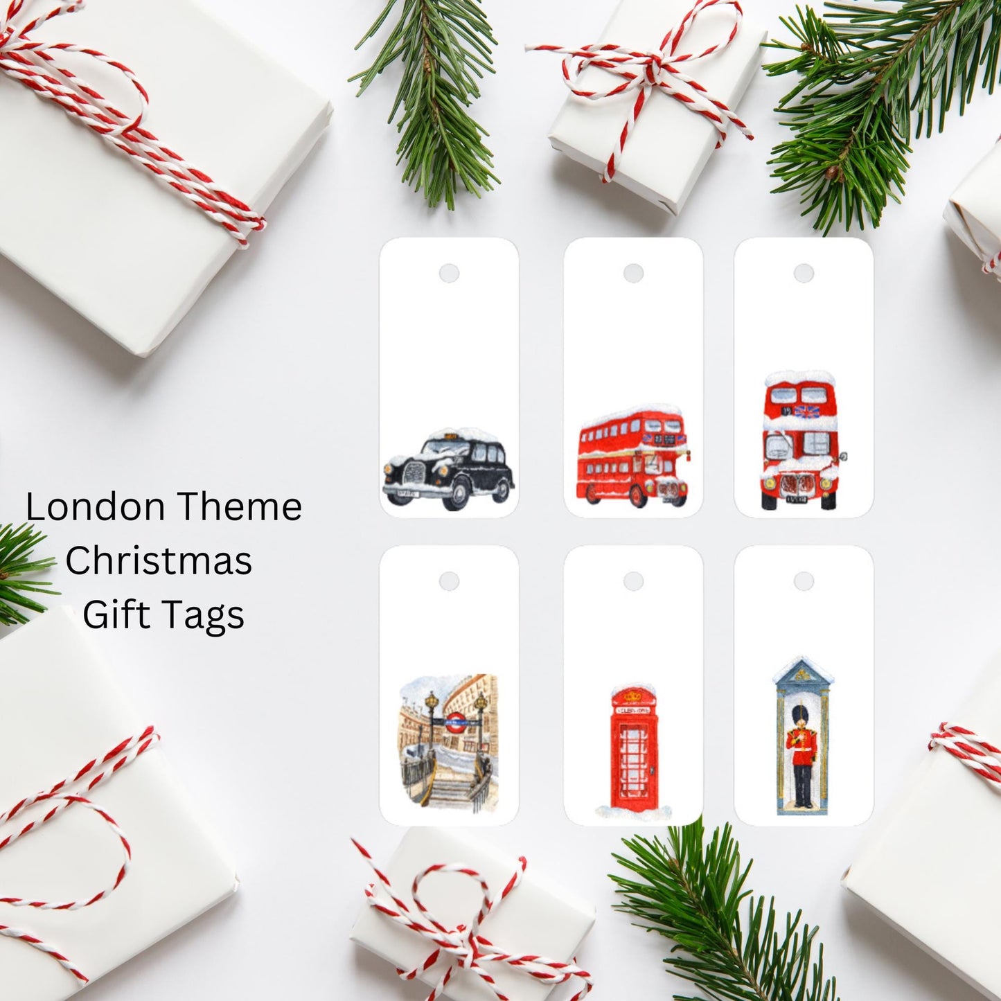 London Themed Christmas Gift Tags – Iconic London Buses, Taxi, Guard & Underground with Baker’s Twine
