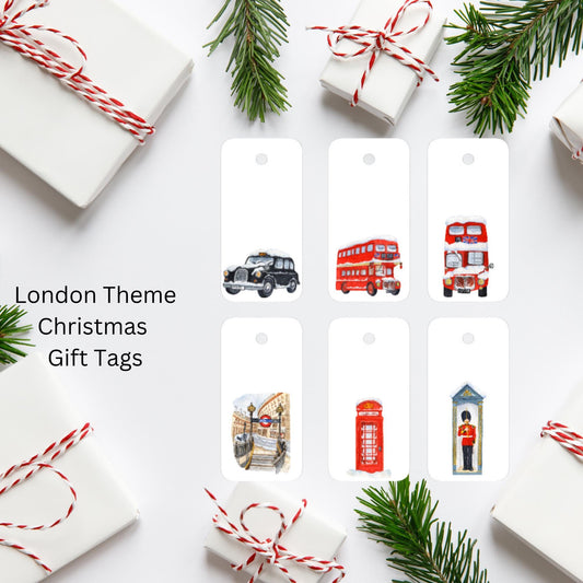 London Themed Christmas Gift Tags – Iconic London Buses, Taxi, Guard & Underground with Baker’s Twine