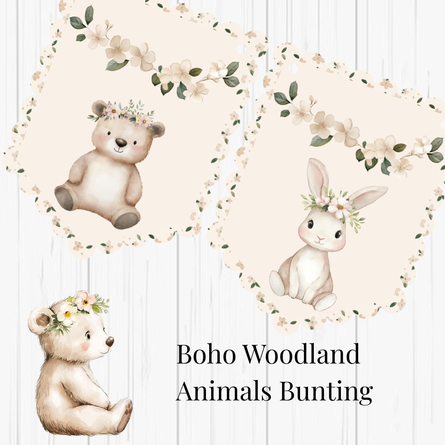 Boho Woodland Animal Bunting – Floral Scalloped Party Garland