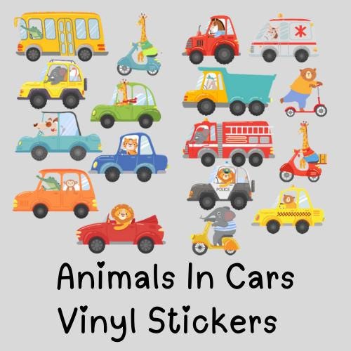Animals in Cars Vinyl Wall Stickers – Cute Safari Vehicle Decals – Matt or Glossy Finish