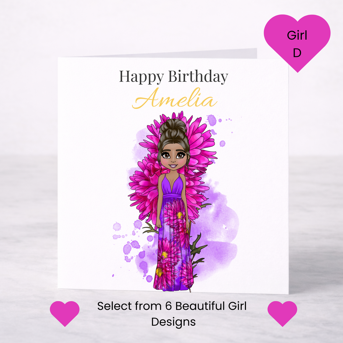 Personalised September Birth Flower Birthday Card – Aster Design, Custom Name, Choice of Girl
