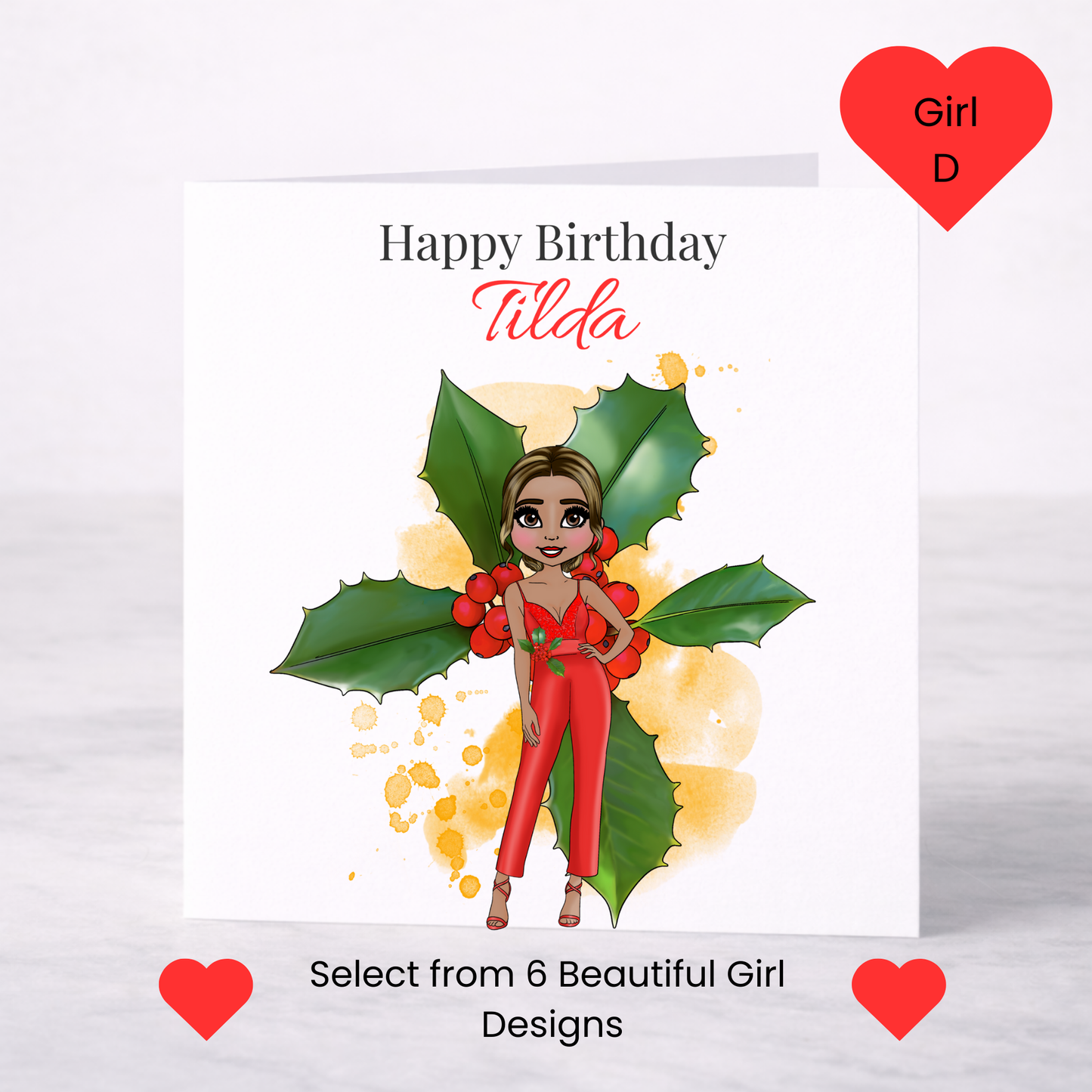 Personalised December Birth Flower Birthday Card – Holly Design, Custom Name, Choice of Girl