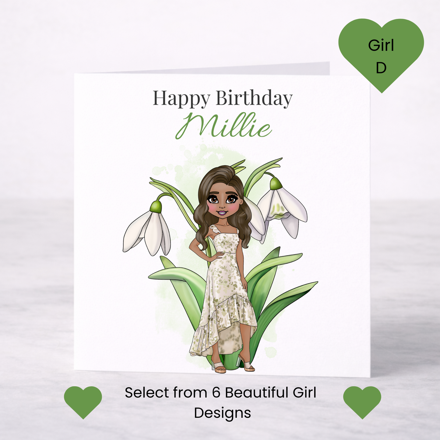 Personalised January Birth Flower Birthday Card – Snowdrop or Carnation, Custom Name, Choice of Girl